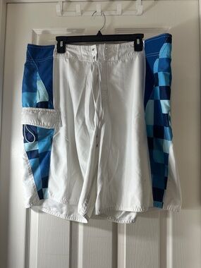 Quiksilver White and Blue Checkerboard Panel Board Shorts